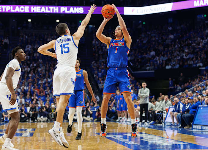 Jan 31, 2024; Lexington, Kentucky, USA; Florida Gators guard Walter Clayton Jr. (1) shoots the ball during the first half against the Kentucky Wildcats at Rupp Arena at Central Bank Center. Mandatory Credit: Jordan Prather-USA TODAY Sports